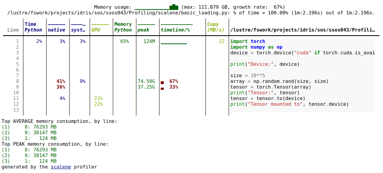 A Scalene output table showing line-by-line memory usage for a code creating a PyTorch Tensor